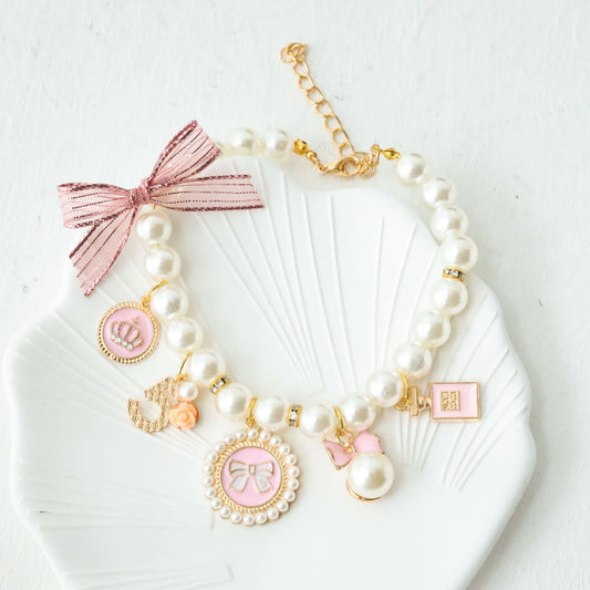 Pink 4-PCS Pearl Charm Pet Necklace - Adjustable Bowknot Collar for Small Dogs & Cats (L: 30+5CM)