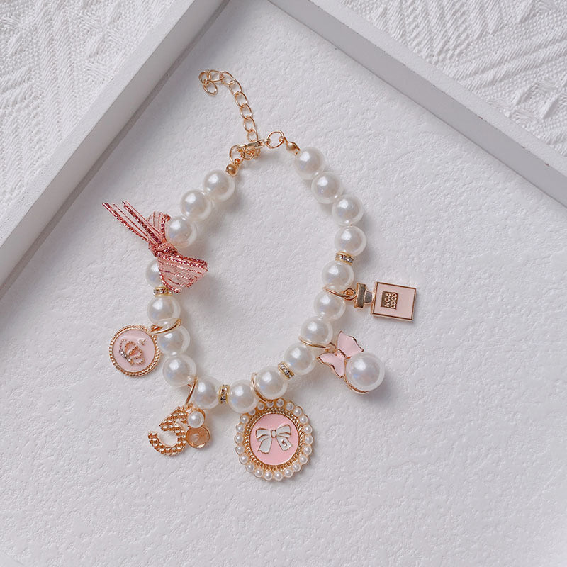 Pink 4-PCS Pearl Charm Pet Necklace - Adjustable Bowknot Collar for Small Dogs & Cats (L: 30+5CM) - Image 2