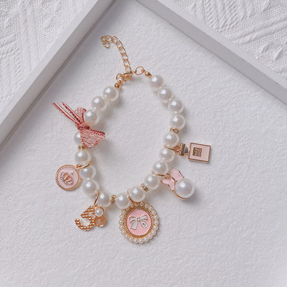 Pink 4-PCS Pearl Charm Pet Necklace - Adjustable Bowknot Collar for Small Dogs & Cats (L: 30+5CM) - Image 2