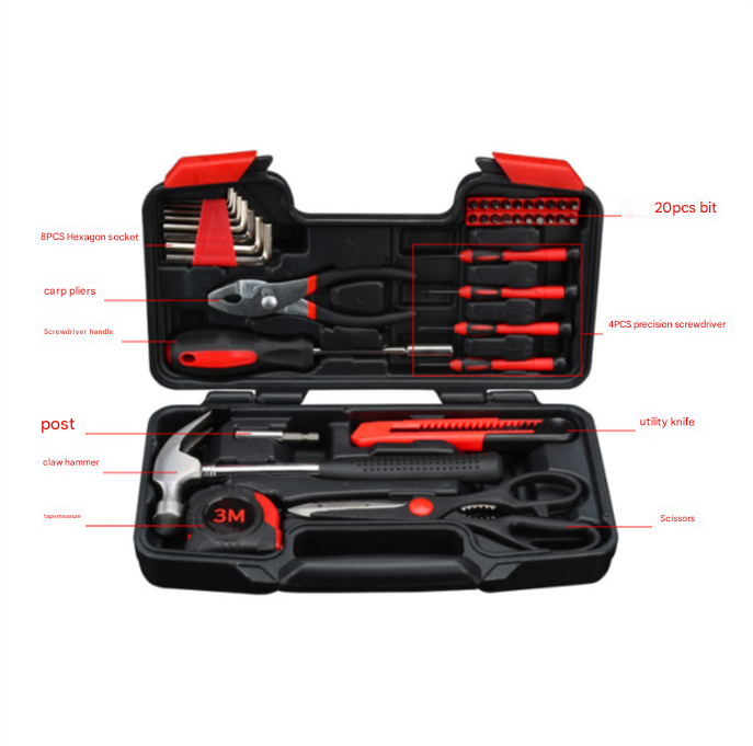 39-Piece Home Tool Kit - Red Carbon Steel Hardware Set - Image 2