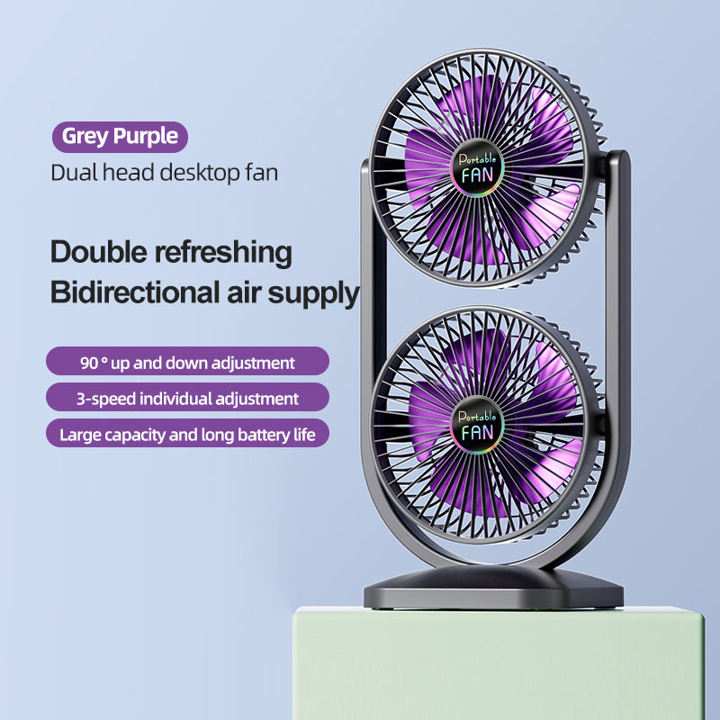Purple Dual Head USB Rechargeable Desk Fan - Portable Double Air Circulator - Image 2
