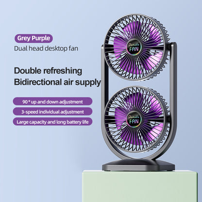 Purple Dual Head USB Rechargeable Desk Fan - Portable Double Air Circulator - Image 2