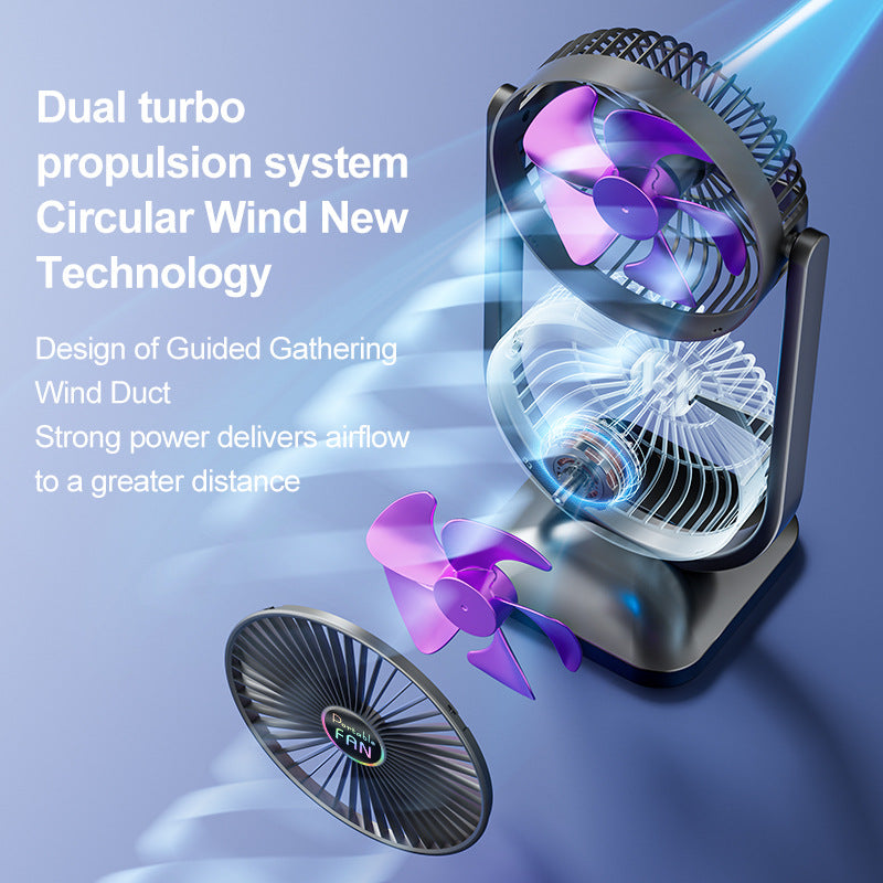 Purple Dual Head USB Rechargeable Desk Fan - Portable Double Air Circulator - Image 5