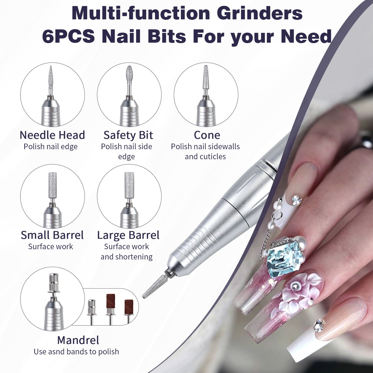 Purple High Speed Portable Nail Drill Set - Electric Nail File Set with 6 Nail Drill Bits - Image 3