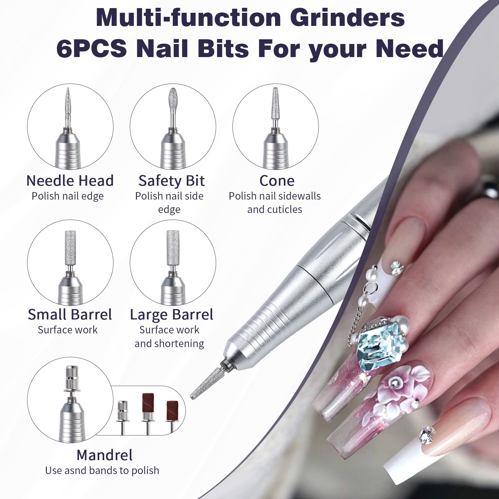 Purple High Speed Portable Nail Drill Set - Electric Nail File Set with 6 Nail Drill Bits - Image 3