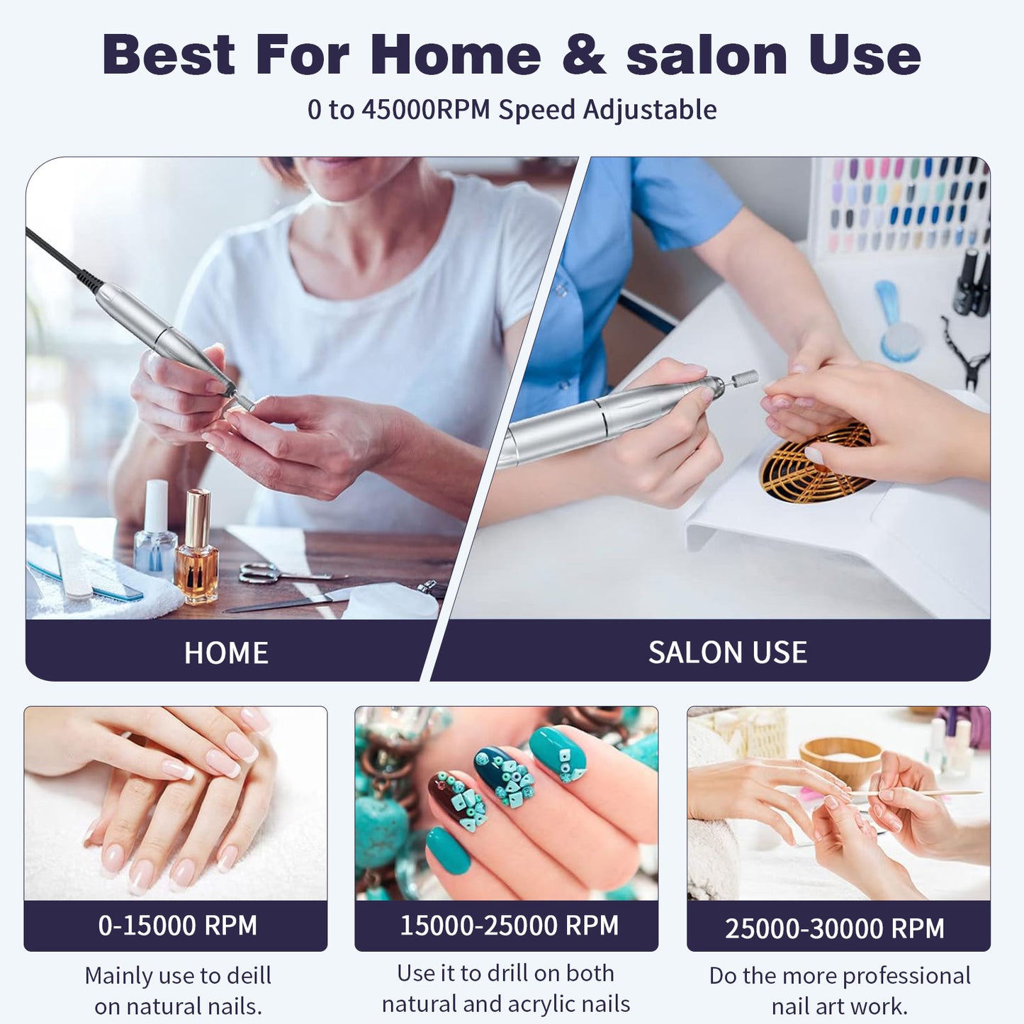 Pink+Blue Portable Electric Nail Drill - Rechargeable, Adjustable Speed, Low Vibration - Image 2