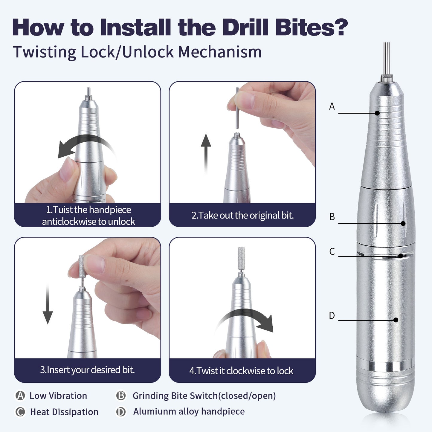 Pink+Blue Portable Electric Nail Drill - Rechargeable, Adjustable Speed, Low Vibration - Image 3