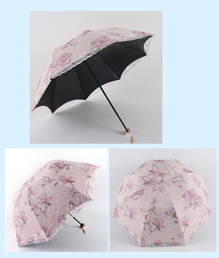 Pink Elegant Lace Parasol - UV Protection, Sun & Rain Umbrella, Tri-Fold Design - Image 2