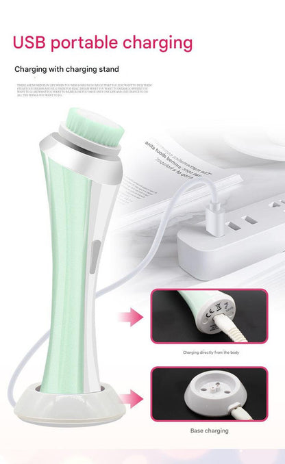 Pink Rechargeable Facial Cleansing Brush Kit with 4 Heads & Charging Dock - Image 5