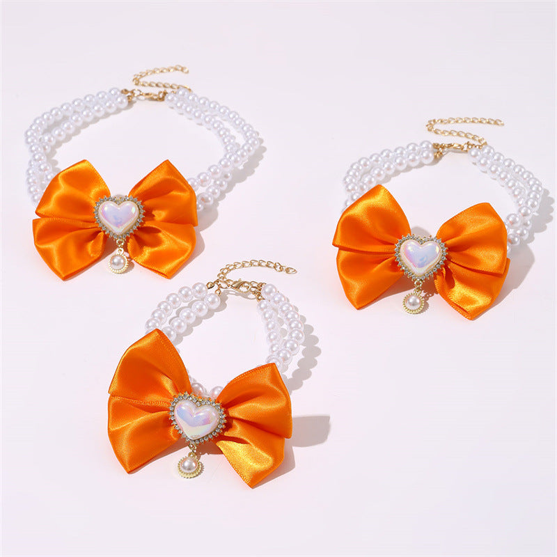 2 - PCS Cute Pet Pearl Necklace Collar with Orange Bow and Heart Charm - Size M - Image 2