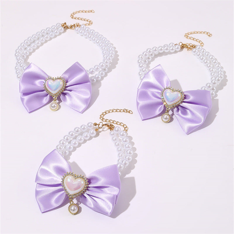 2 - PCS Cute Pet Pearl Necklace Collar with Purple Bow and Heart Charm - Size M - Image 2