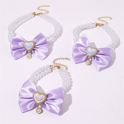 2 - PCS Cute Pet Pearl Necklace Collar with Purple Bow and Heart Charm - Size M - Image 2