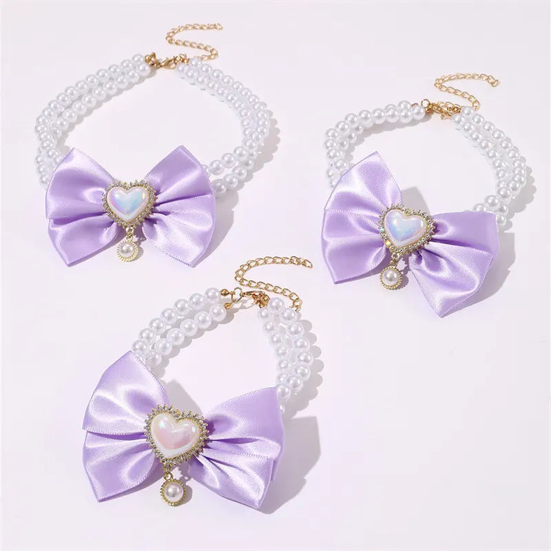 2 - PCS Cute Pet Pearl Necklace Collar with Purple Bow and Heart Charm - Size M - Image 2