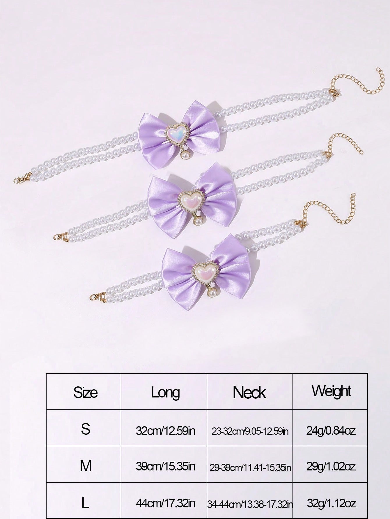 2 - PCS Cute Pet Pearl Necklace Collar with Purple Bow and Heart Charm - Size M - Image 3