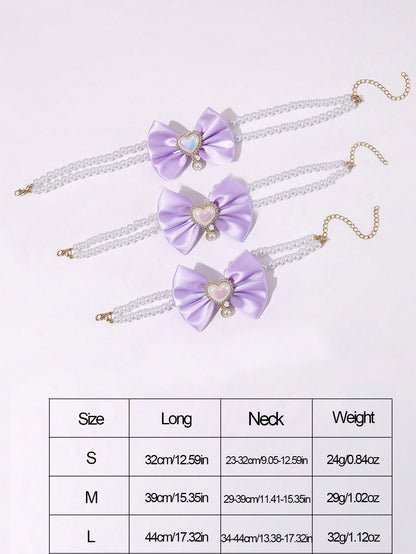 2 - PCS Cute Pet Pearl Necklace Collar with Purple Bow and Heart Charm - Size M - Image 3