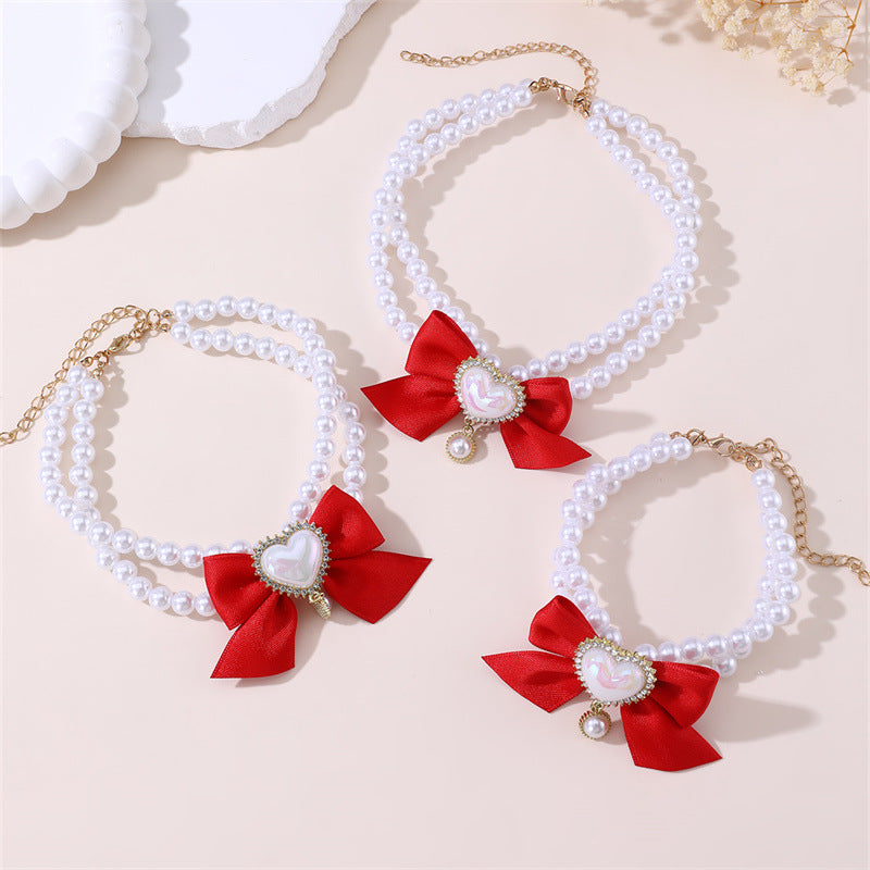 2 - PCS Cute Pet Pearl Necklace Collar with Red Bow and Heart Charm - Size M - Image 3
