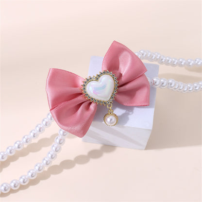 2 - PCS Cute Pet Pearl Necklace Collar with Pink Bow and Heart Charm - Size M - Image 2