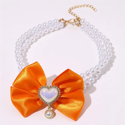 2 - PCS Cute Pet Pearl Necklace Collar with Orange Bow and Heart Charm - Size L