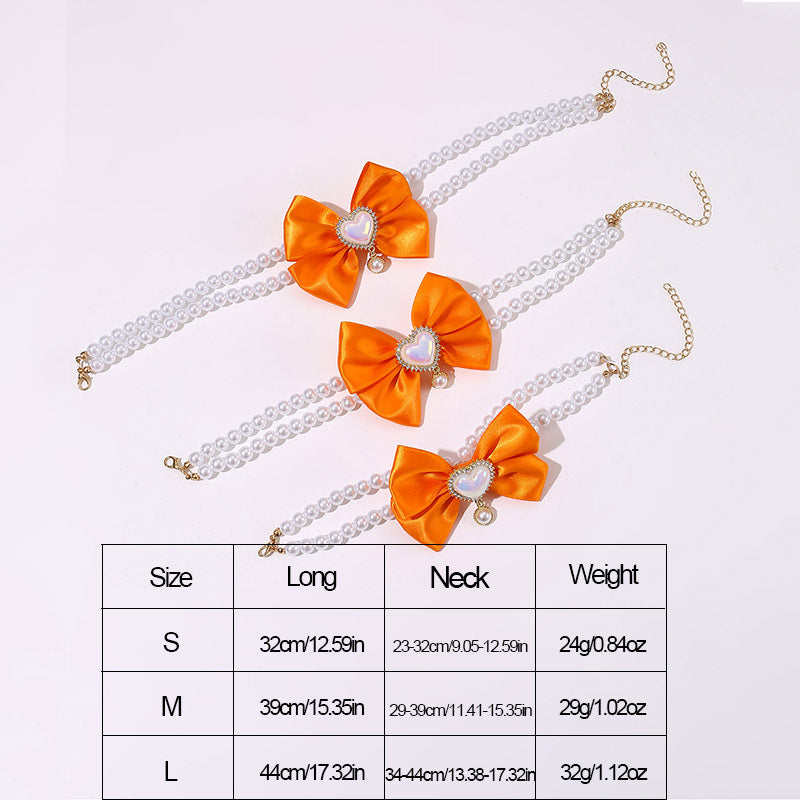 2 - PCS Cute Pet Pearl Necklace Collar with Orange Bow and Heart Charm - Size L - Image 3