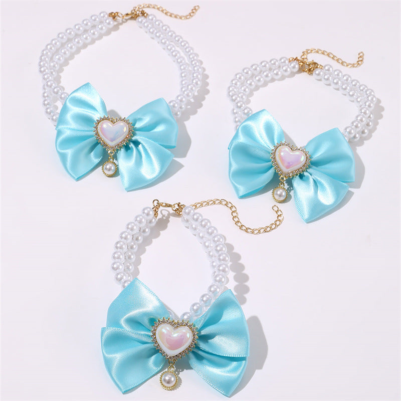 2 - PCS Cute Pet Pearl Necklace Collar with Blue Bow and Heart Charm - Size L - Image 2