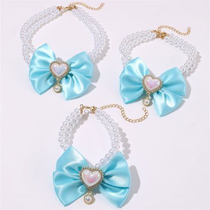 2 - PCS Cute Pet Pearl Necklace Collar with Blue Bow and Heart Charm - Size L - Image 2