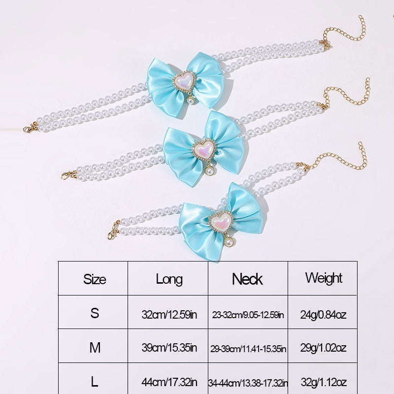 2 - PCS Cute Pet Pearl Necklace Collar with Blue Bow and Heart Charm - Size L - Image 3