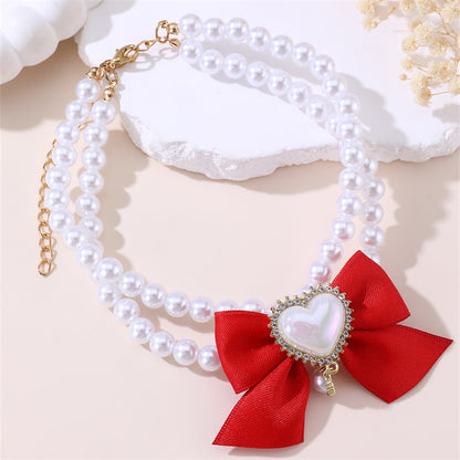 2 - PCS Cute Pet Pearl Necklace Collar with Red Bow and Heart Charm - Size L - Image 2