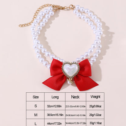2 - PCS Cute Pet Pearl Necklace Collar with Red Bow and Heart Charm - Size L - Image 4