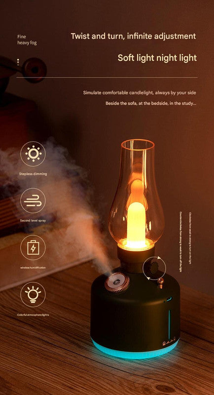 Green Retro Kerosene Lamp Humidifier - Rechargeable Cool Mist Maker with Dimmable Light - Image 3