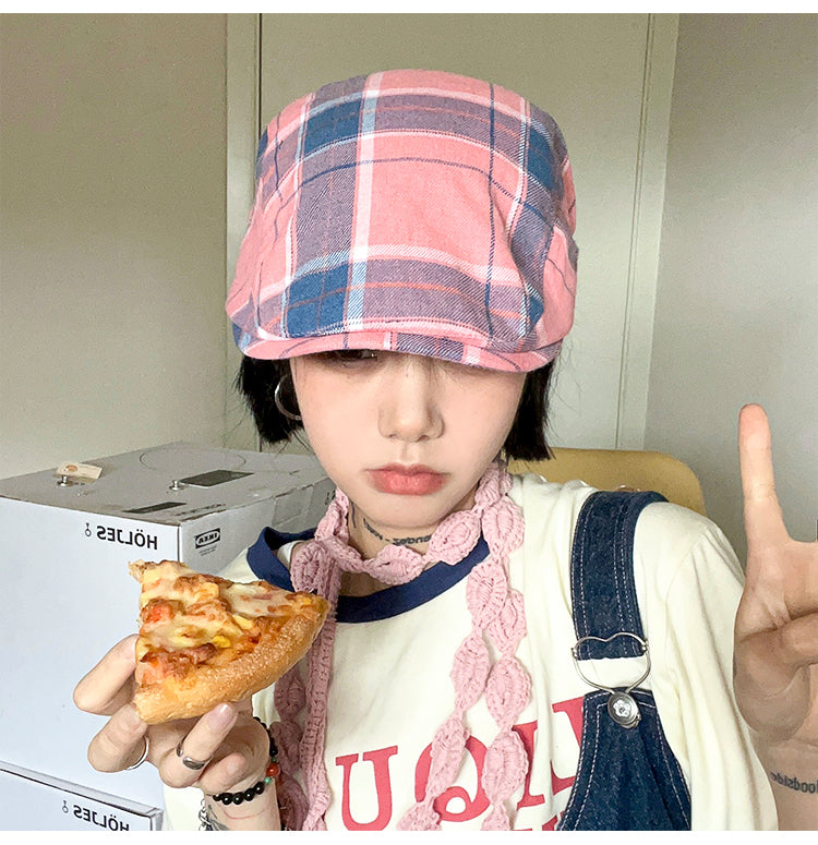 2-PCS Pink Lightweight Checkered Flat Cap - Adjustable Retro Driver Hat for Men & Women - Image 2