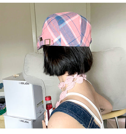 2-PCS Pink Lightweight Checkered Flat Cap - Adjustable Retro Driver Hat for Men & Women - Image 3