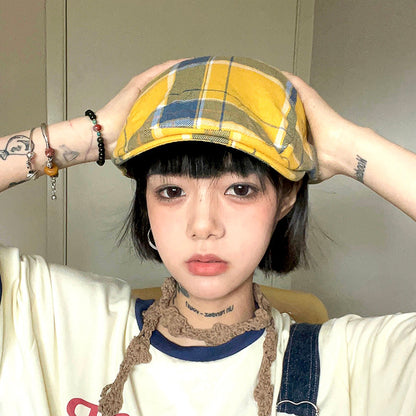 2-PCS Yellow Lightweight Checkered Flat Cap - Adjustable Retro Driver Hat for Men & Women - Image 2