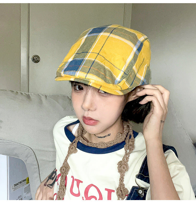 2-PCS Yellow Lightweight Checkered Flat Cap - Adjustable Retro Driver Hat for Men & Women - Image 3