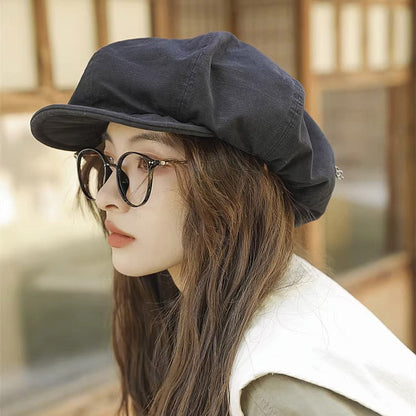 Black Women's Vintage Style Baker Boy Cap - Soft Cotton Linen Blend - Image 3