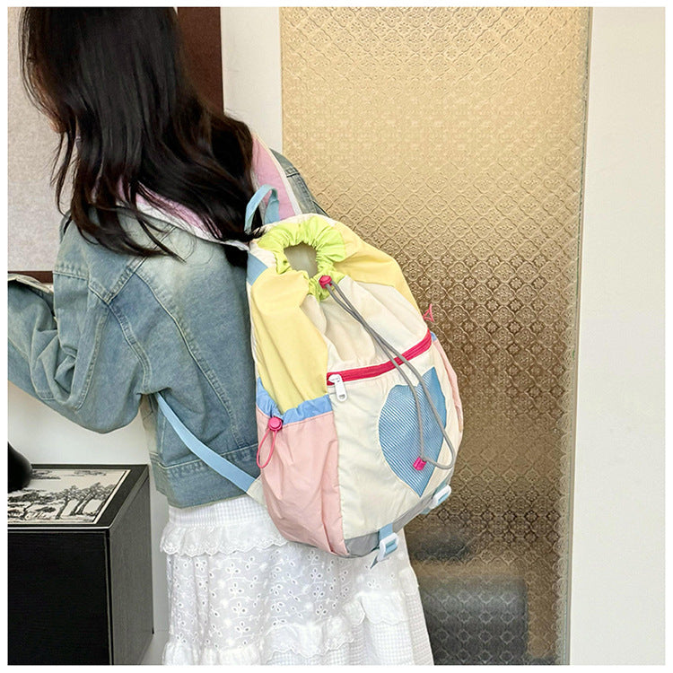 Yellow Colorblock Drawstring Backpack - Lightweight Nylon Bag with Heart Mesh Pocket - Image 2