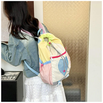 Yellow Colorblock Drawstring Backpack - Lightweight Nylon Bag with Heart Mesh Pocket - Image 2