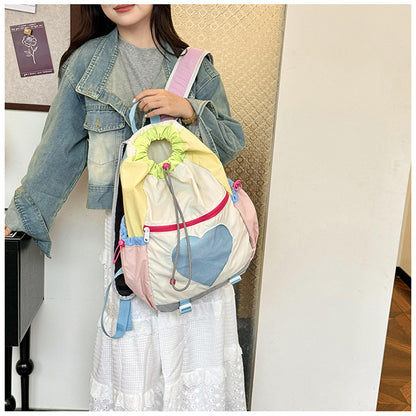 Yellow Colorblock Drawstring Backpack - Lightweight Nylon Bag with Heart Mesh Pocket - Image 3