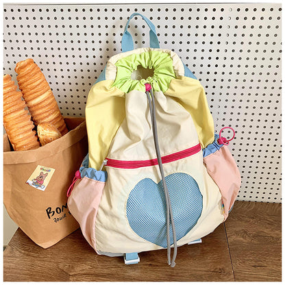 Yellow Colorblock Drawstring Backpack - Lightweight Nylon Bag with Heart Mesh Pocket - Image 4