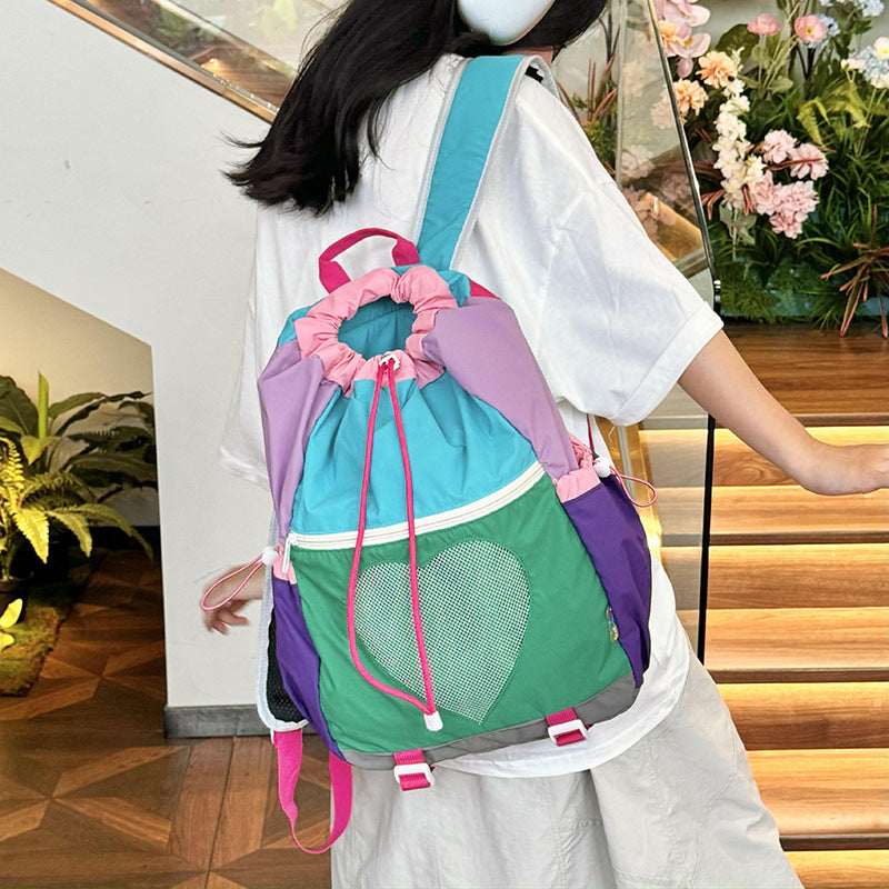 Green Colorblock Drawstring Backpack - Lightweight Nylon Bag with Heart Mesh Pocket - Image 2