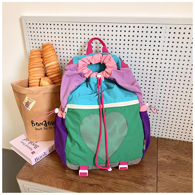 Green Colorblock Drawstring Backpack - Lightweight Nylon Bag with Heart Mesh Pocket - Image 3