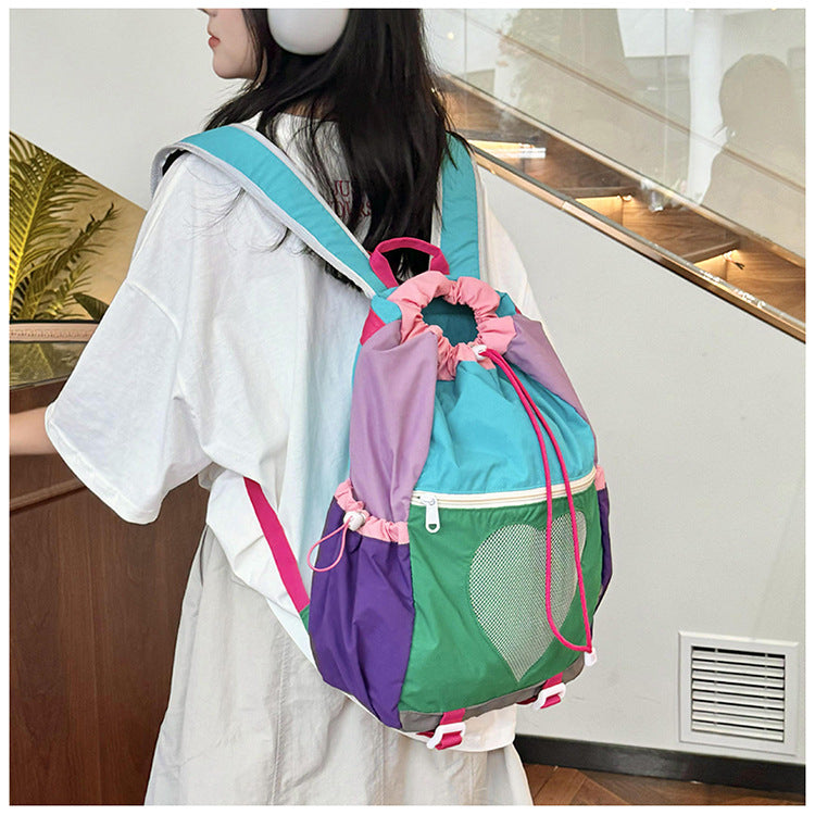 Green Colorblock Drawstring Backpack - Lightweight Nylon Bag with Heart Mesh Pocket - Image 4