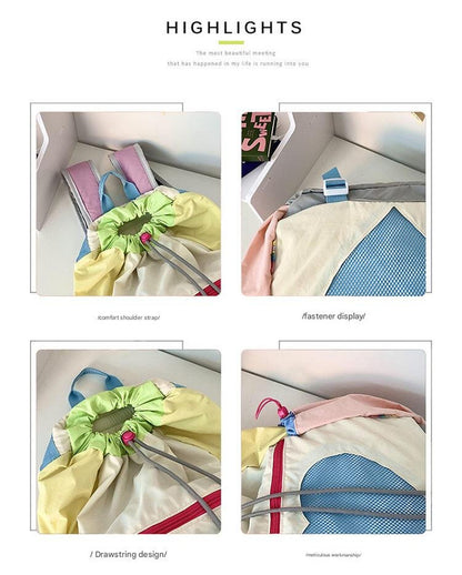 Green Colorblock Drawstring Backpack - Lightweight Nylon Bag with Heart Mesh Pocket - Image 5