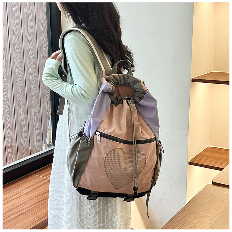 Pink Colorblock Drawstring Backpack - Lightweight Nylon Bag with Heart Mesh Pocket - Image 2
