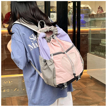 Pink Colorblock Drawstring Backpack - Lightweight Nylon Bag with Heart Mesh Pocket - Image 3