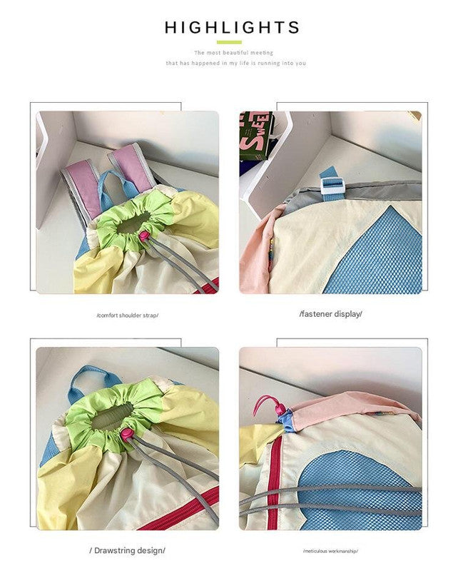 Pink Colorblock Drawstring Backpack - Lightweight Nylon Bag with Heart Mesh Pocket - Image 4