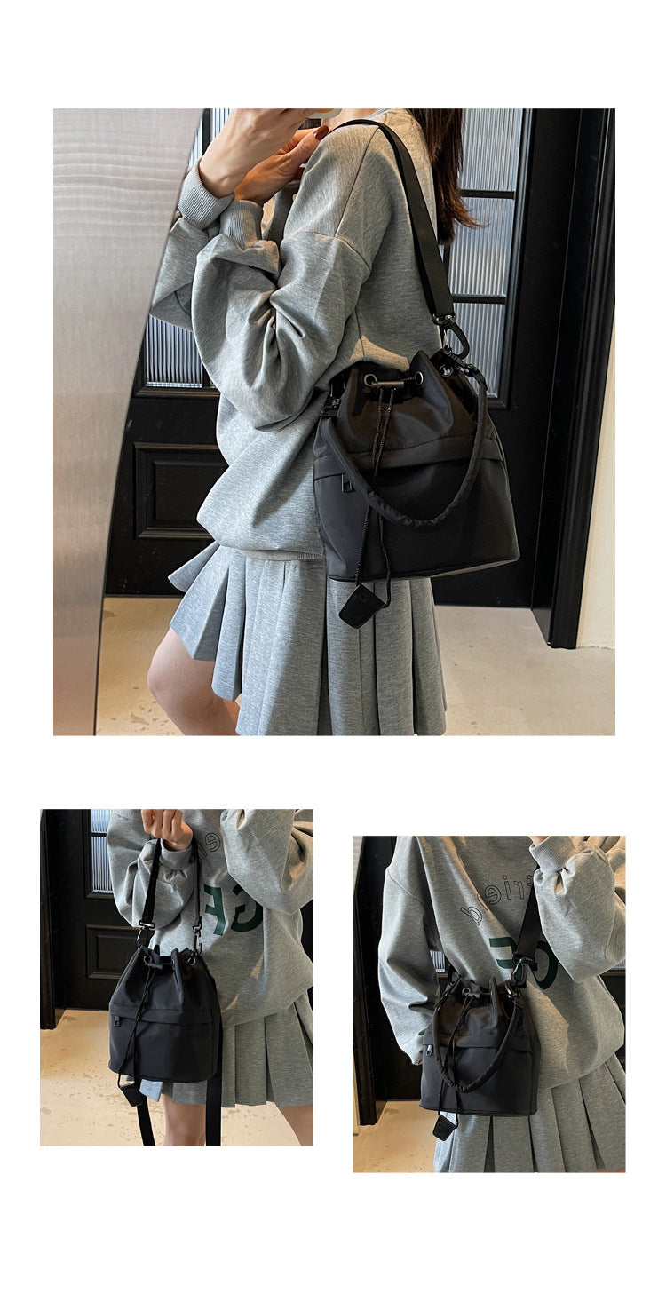 Black Casual Nylon Drawstring Bucket Bag - Adjustable Strap Crossbody Purse - Image 2