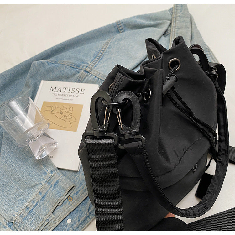 Black Casual Nylon Drawstring Bucket Bag - Adjustable Strap Crossbody Purse - Image 3