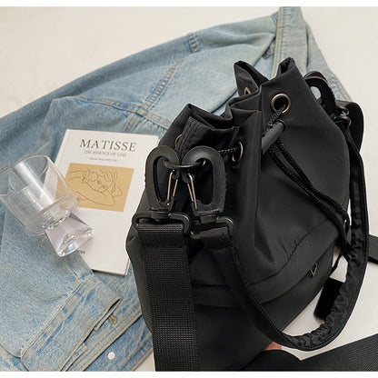 Black Casual Nylon Drawstring Bucket Bag - Adjustable Strap Crossbody Purse - Image 3