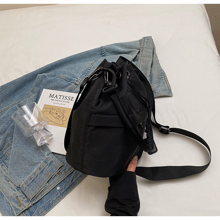 Black Casual Nylon Drawstring Bucket Bag - Adjustable Strap Crossbody Purse - Image 4