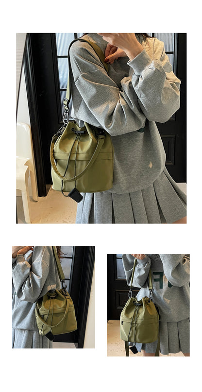 Army green Casual Nylon Drawstring Bucket Bag - Adjustable Strap Crossbody Purse - Image 2